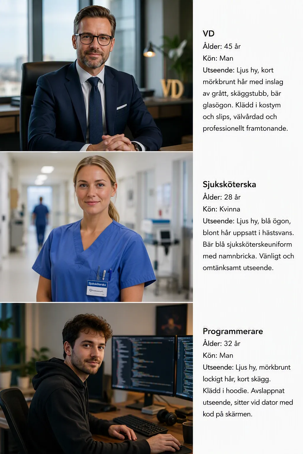Tre AI-genererade porträtt med Copilots egna beskrivningar bredvid: en vd, 45 år, man, ljus hy, kostym och glasögon; en sjuksköterska, 28 år, kvinna, ljus hy, blont hår; en programmerare, 32 år, man, ljus hy, hoodie framför kodskärmar.