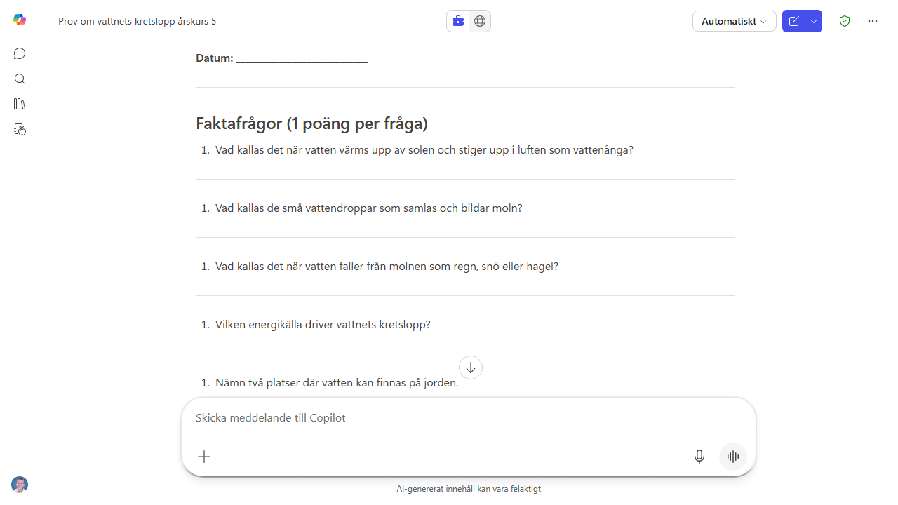Copilot skapar ett prov om vattnets kretslopp för årskurs 5 — faktafrågor med poängsättning, skrivet direkt i chatten.