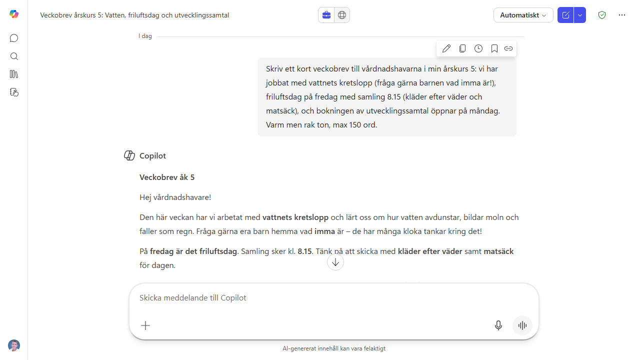 Copilot skriver ett varmt veckobrev till vårdnadshavare om kretsloppsexperimentet, friluftsdagen och utvecklingssamtalen.